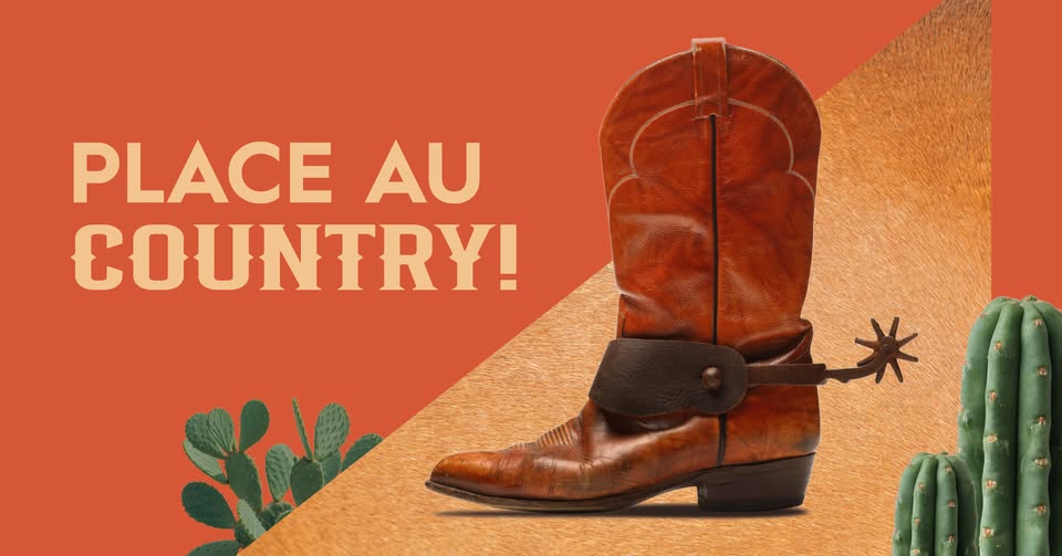 invitation événement place au country du carrefour de l'estrie : botte de cowboy avec cactus