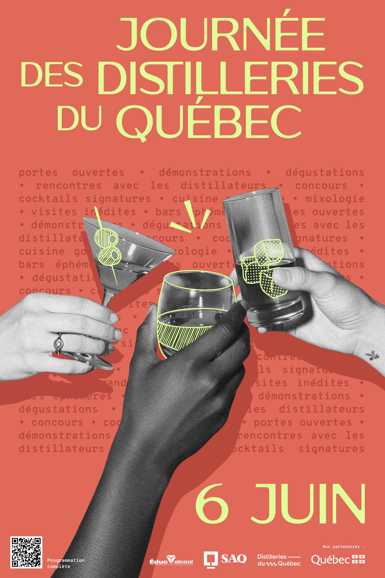 affiche promotionnelle avec trois bras qui tiennent des verres à cocktail