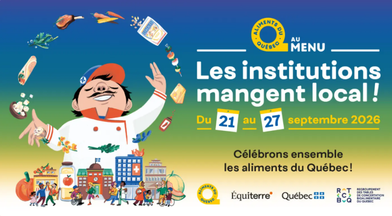 affiche de l'événement les institutions mangent local, dessin d'un chef qui jongle avec ldes aliments