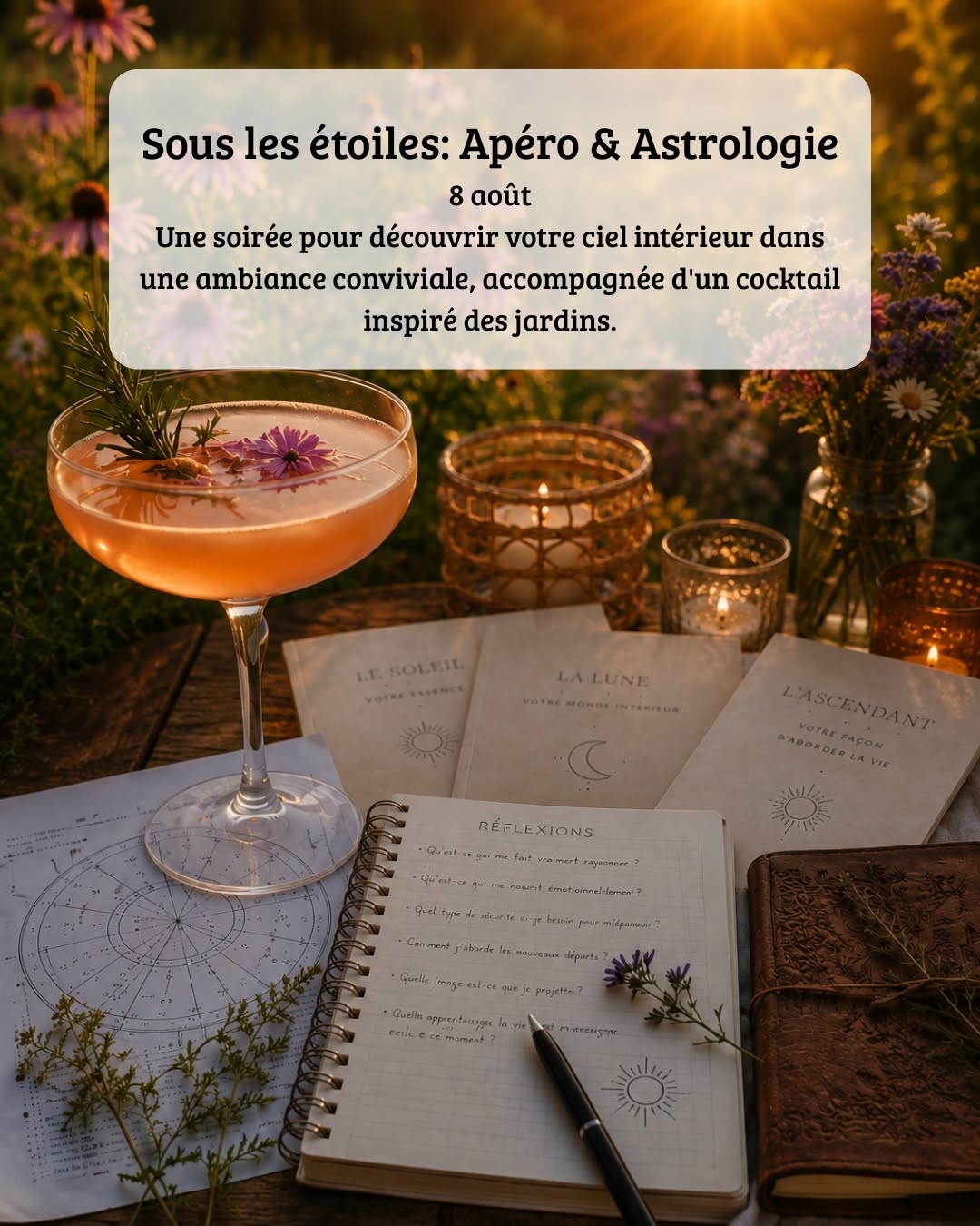 coupe de cocktail avec chandelle et carte d'astrologie