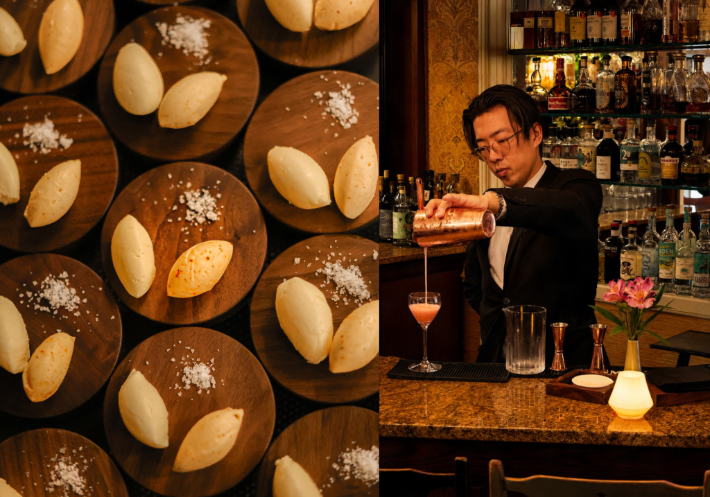 quenelles servies sur couvert en bois et un barman qui fait couler du liquide dans une coupe à martini